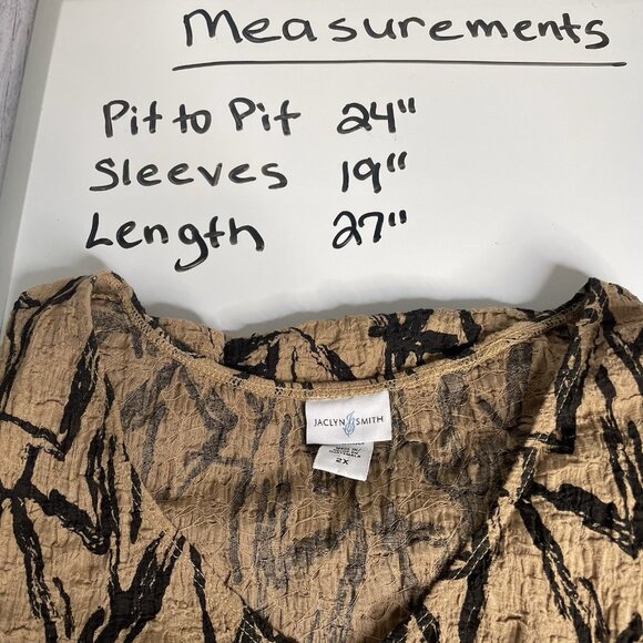 VTG Jacqueline Smith Blouse 2X Gauze Crinkle Stretch Brown Black Geometric - Picture 9 of 10